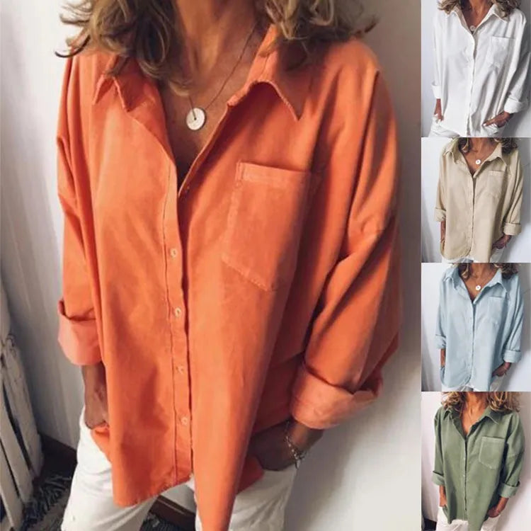 Women's Loose Long Sleeve Button Blouse with Pocket