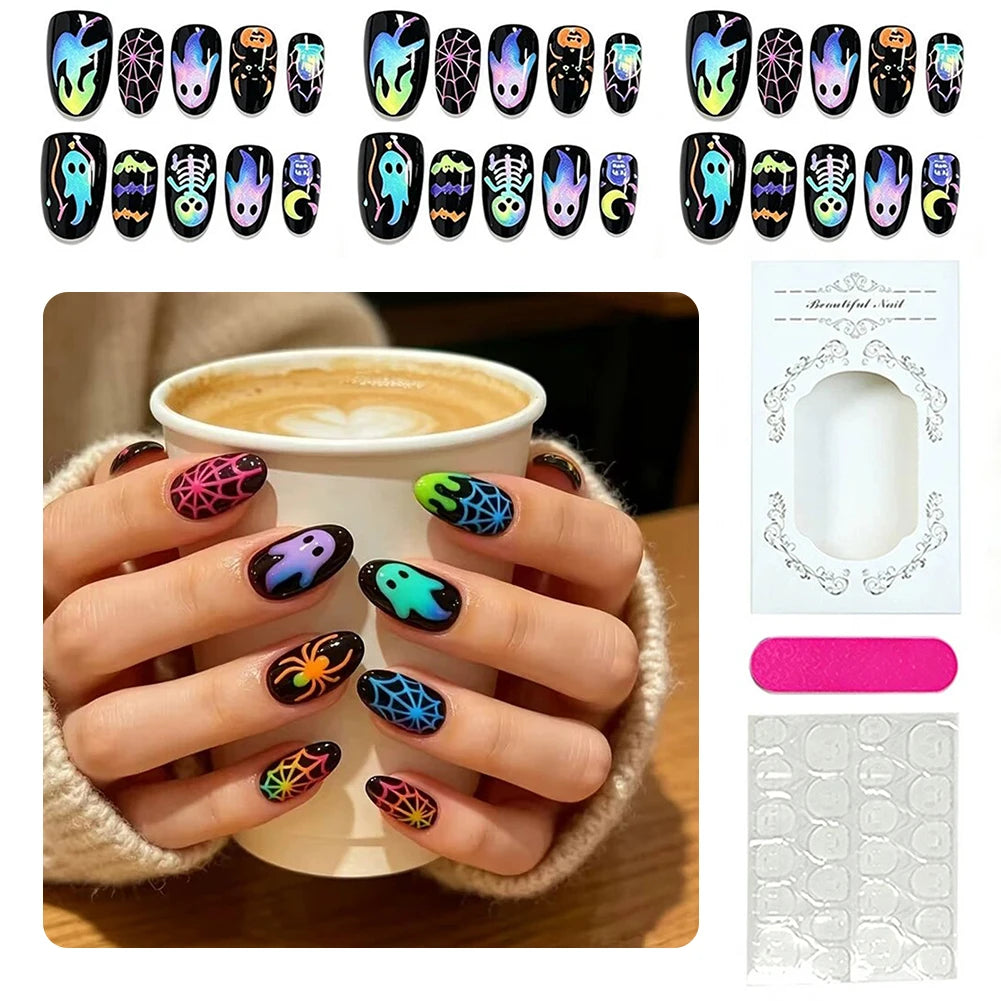 Halloween Black Ghost Press-On Nails – Oval Manicure Kit