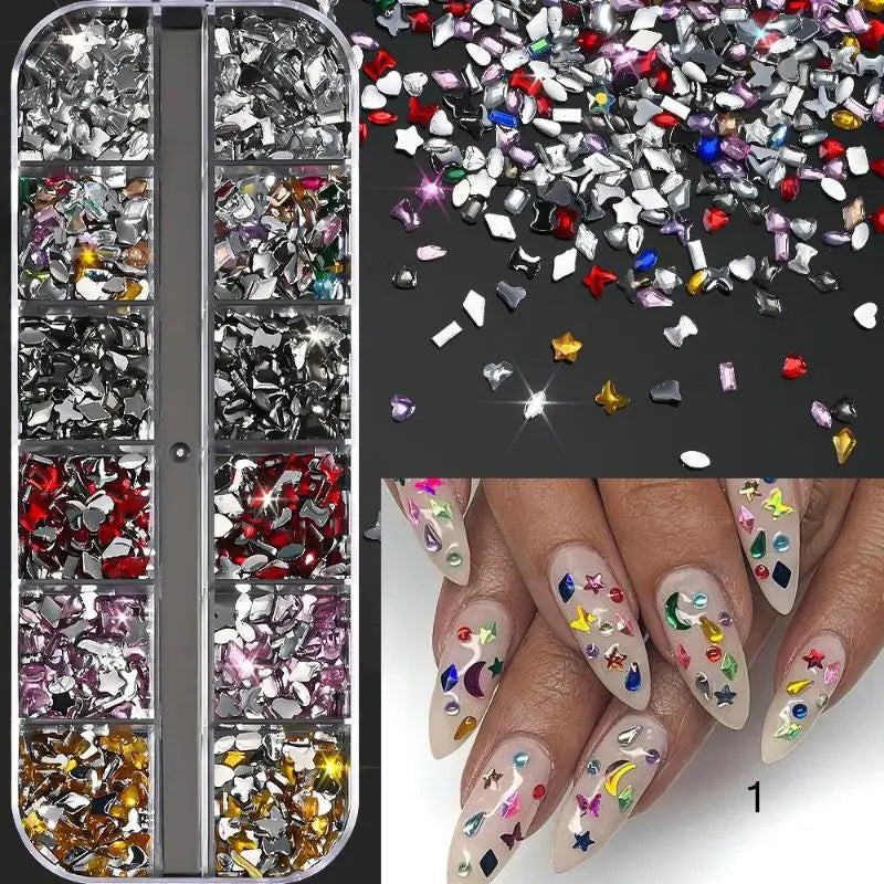 12-Grid 3D Flatback Nail Rhinestones – Crystal Diamond Nail Art