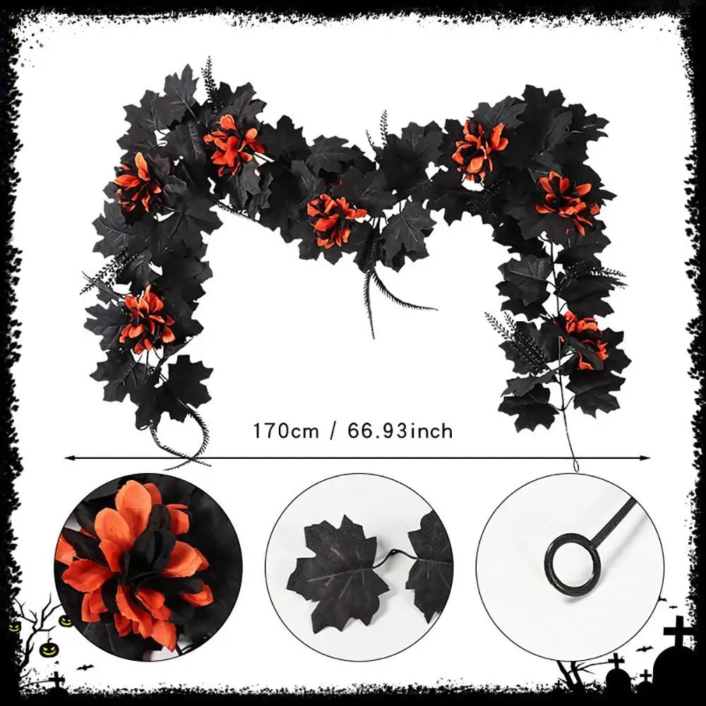 Halloween Maple Leaf Garland – Silk Faux Leaves & Gold Berries