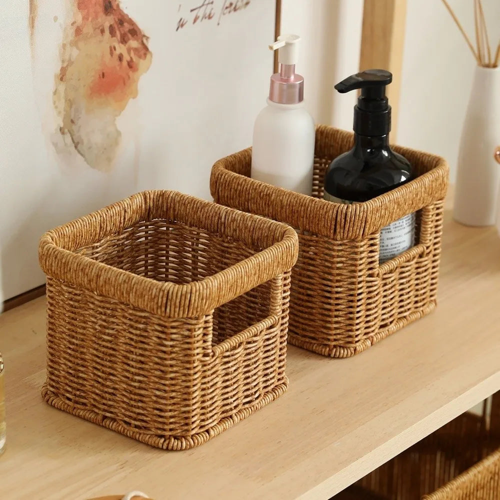 Handwoven Rattan-Style Plastic Wicker Storage Basket Organizer
