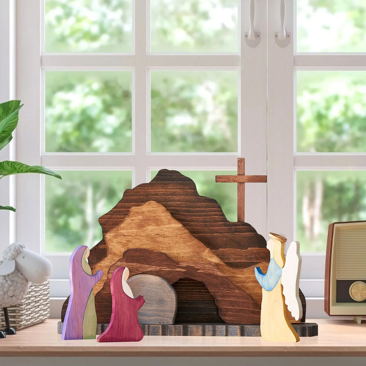 Easter Resurrection Scene Wooden Figurine Set – Christ & Tomb