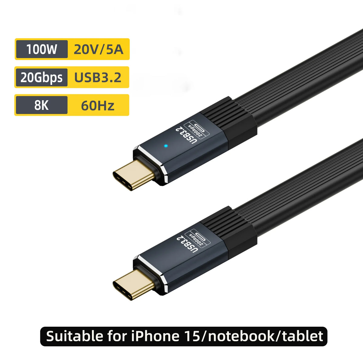 USB-C Flat Cable 20Gbps 100W PD Fast Charge 8K Video – USB 3.2