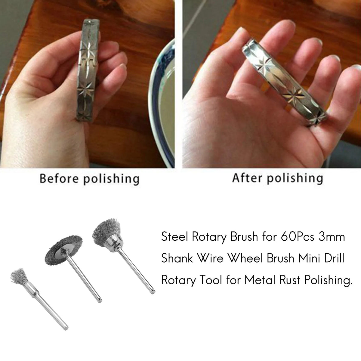 60-Pc 3mm Shank Steel Wire Rotary Brush Set for Drills