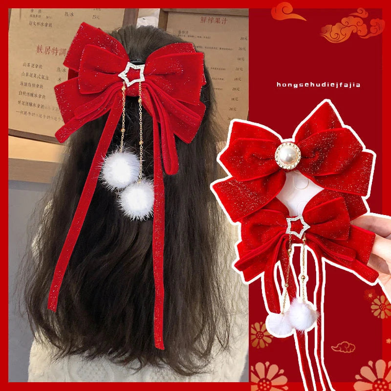 Red Velvet Gold Bow Hair Clip – Christmas Barrette for Girls