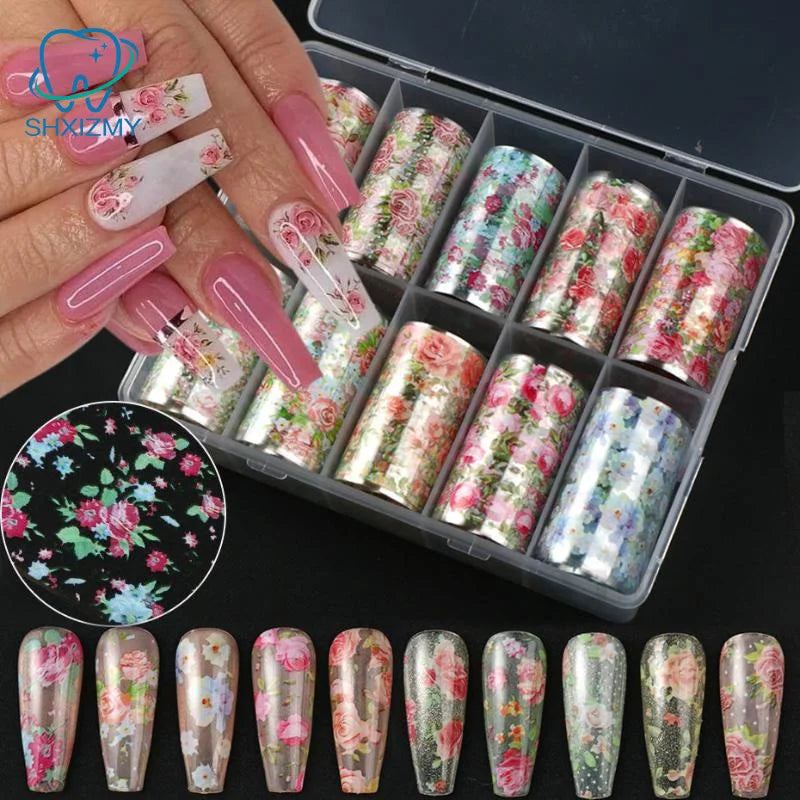 Nail Foils 10 Rolls Flower Rose Transfer Paper DIY Manicure