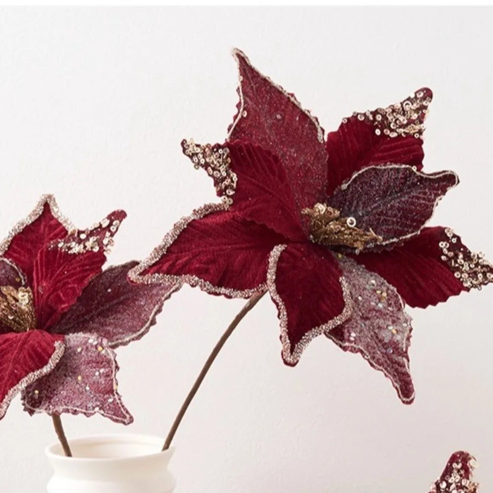 26CM Wine Red Glitter Artificial Poinsettia Flower | Christmas Decor