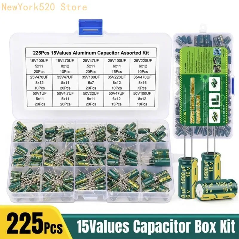 225PCS Aluminum Electrolytic Capacitor Kit – 15 Values 16V–50V