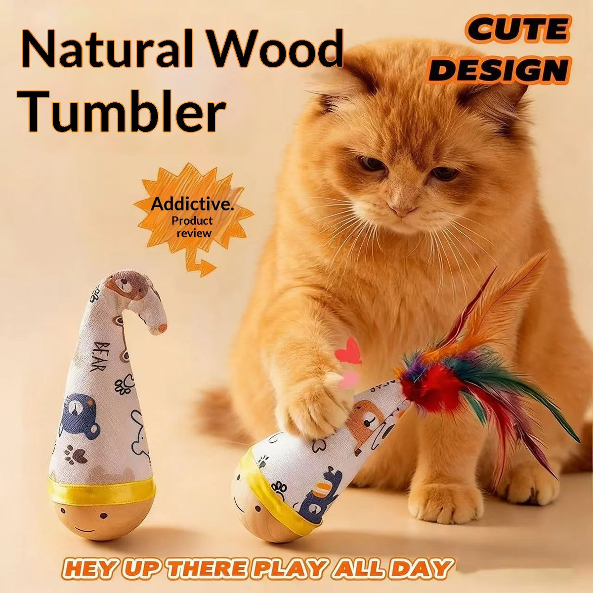 Beech Wood Tumbler Cat Toy – Feather Wobble Kitten Toy