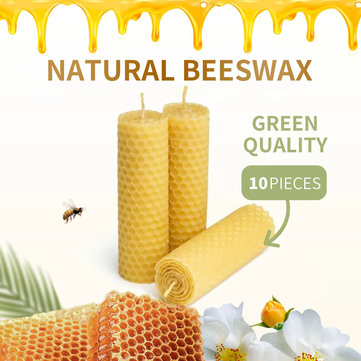 Handmade Beeswax Taper Candles – 10-Piece Honeycomb Roll Set