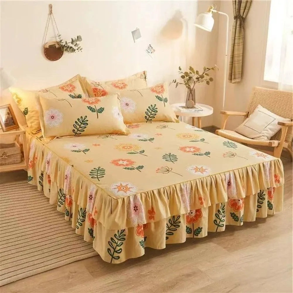 Floral 3-in-1 Cotton Bed Sheet Set with Lace Skirt & Pillowcases