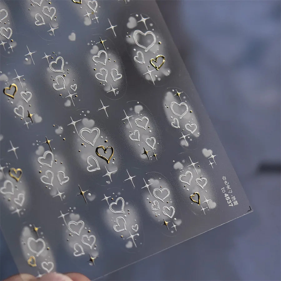 5D Relief Nail Art Stickers – Gold Silver Heart Decals