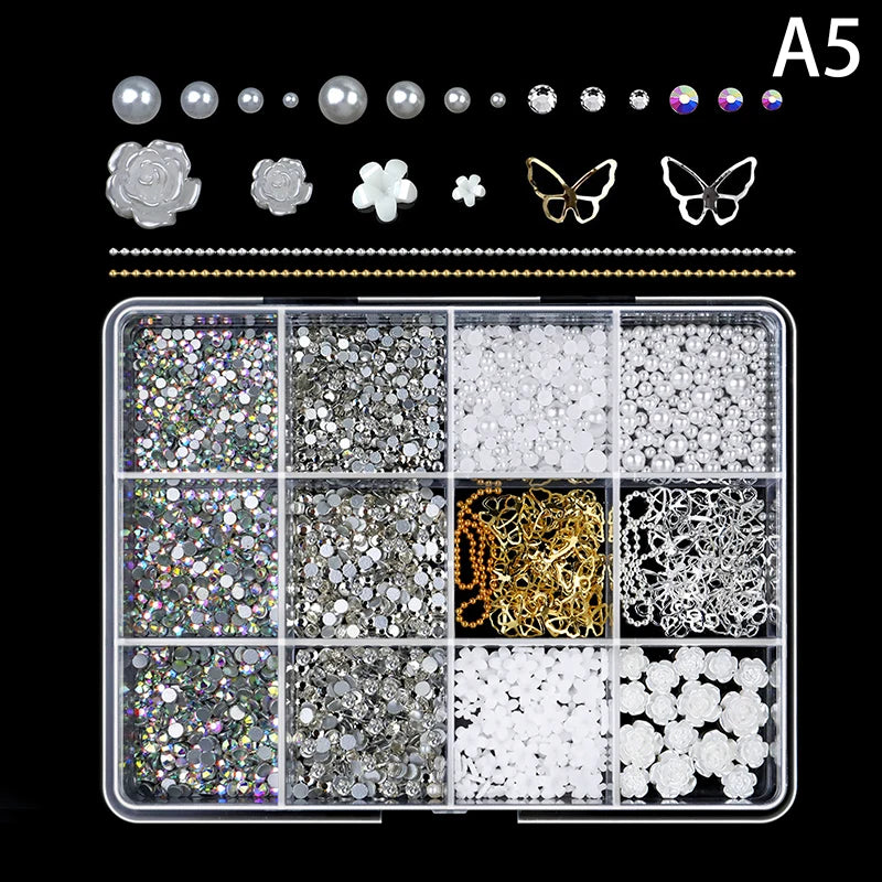 12-Grid 3D Resin Nail Art Charms – Bowknot Bear Heart Flower