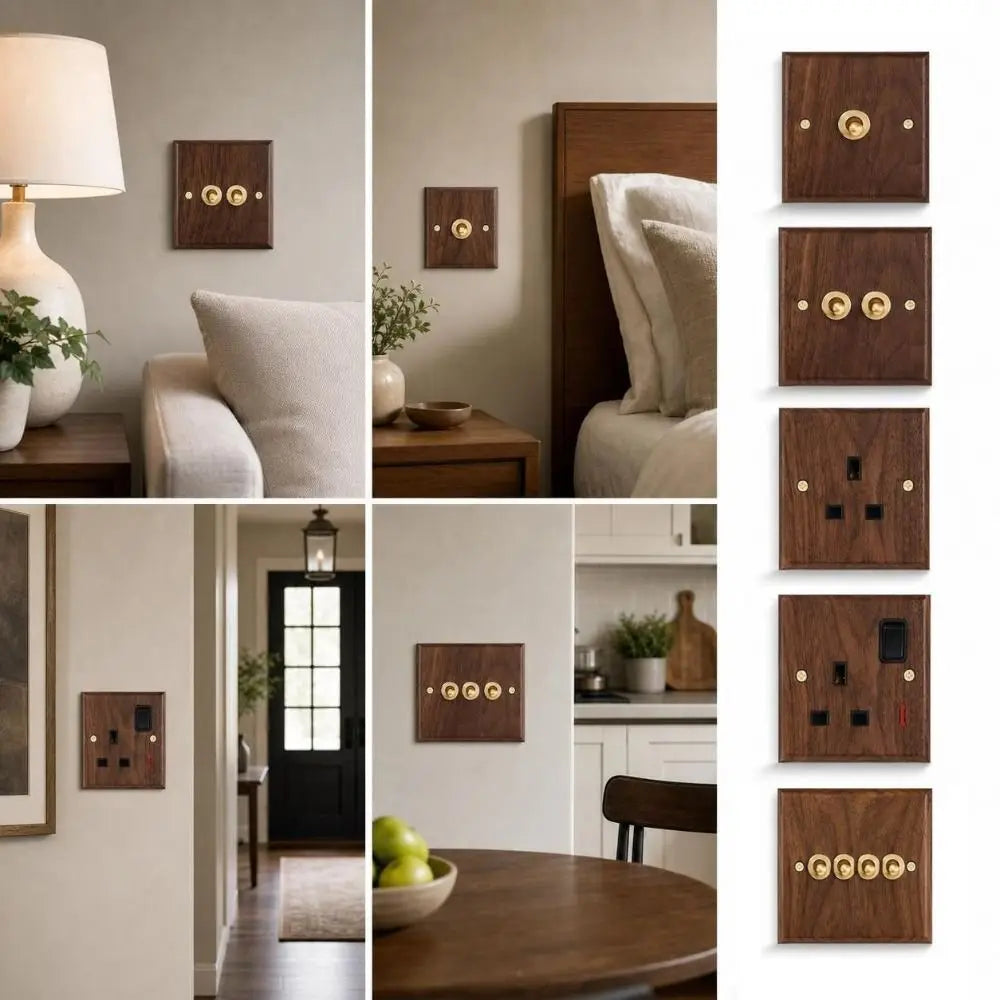 Walnut Wood Brass Toggle Wall Switch & Socket Panel 86mm