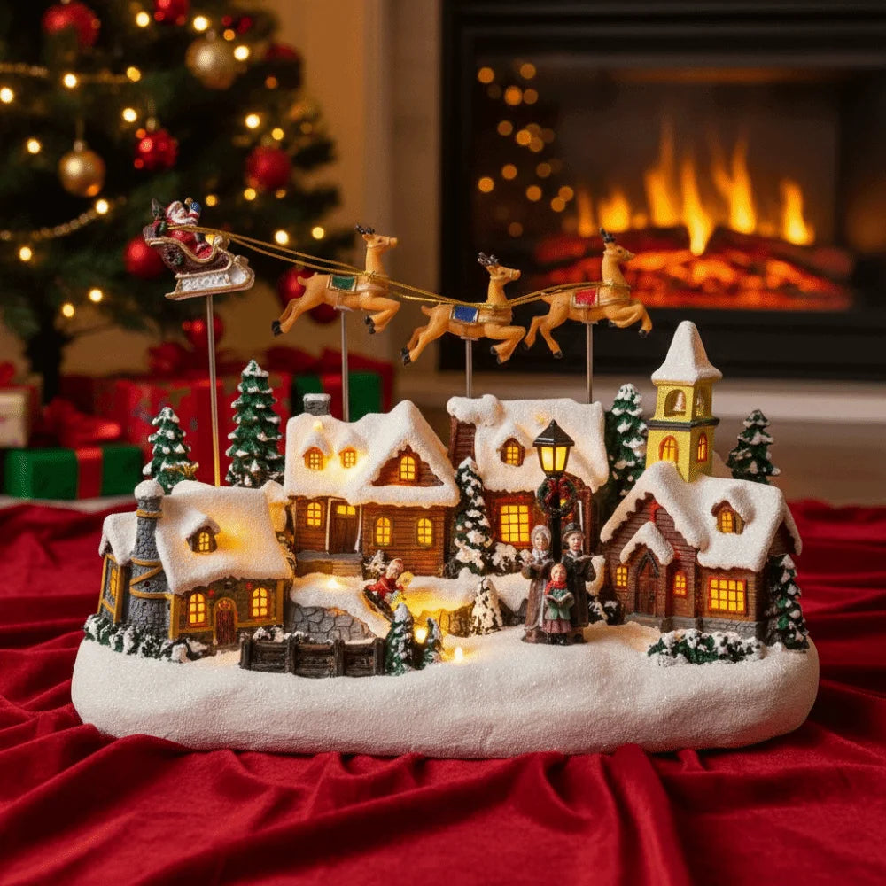 Resin Christmas Village LED Light Music Flying Reindeer Decor