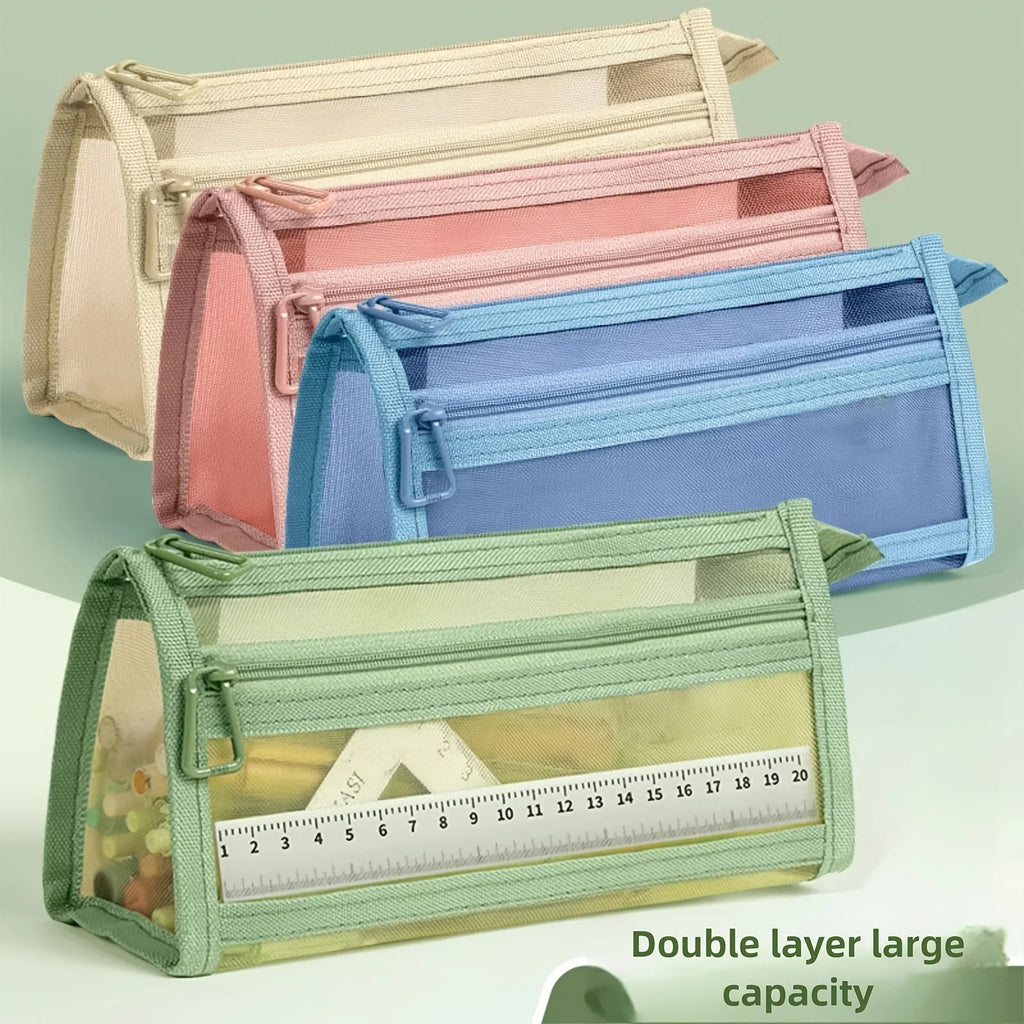 Morandi Mesh Pencil Case Double-Layer Zipper Pouch & Makeup Bag