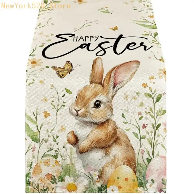 Farmhouse Linen Easter Table Runner – Eggs & Bunnies