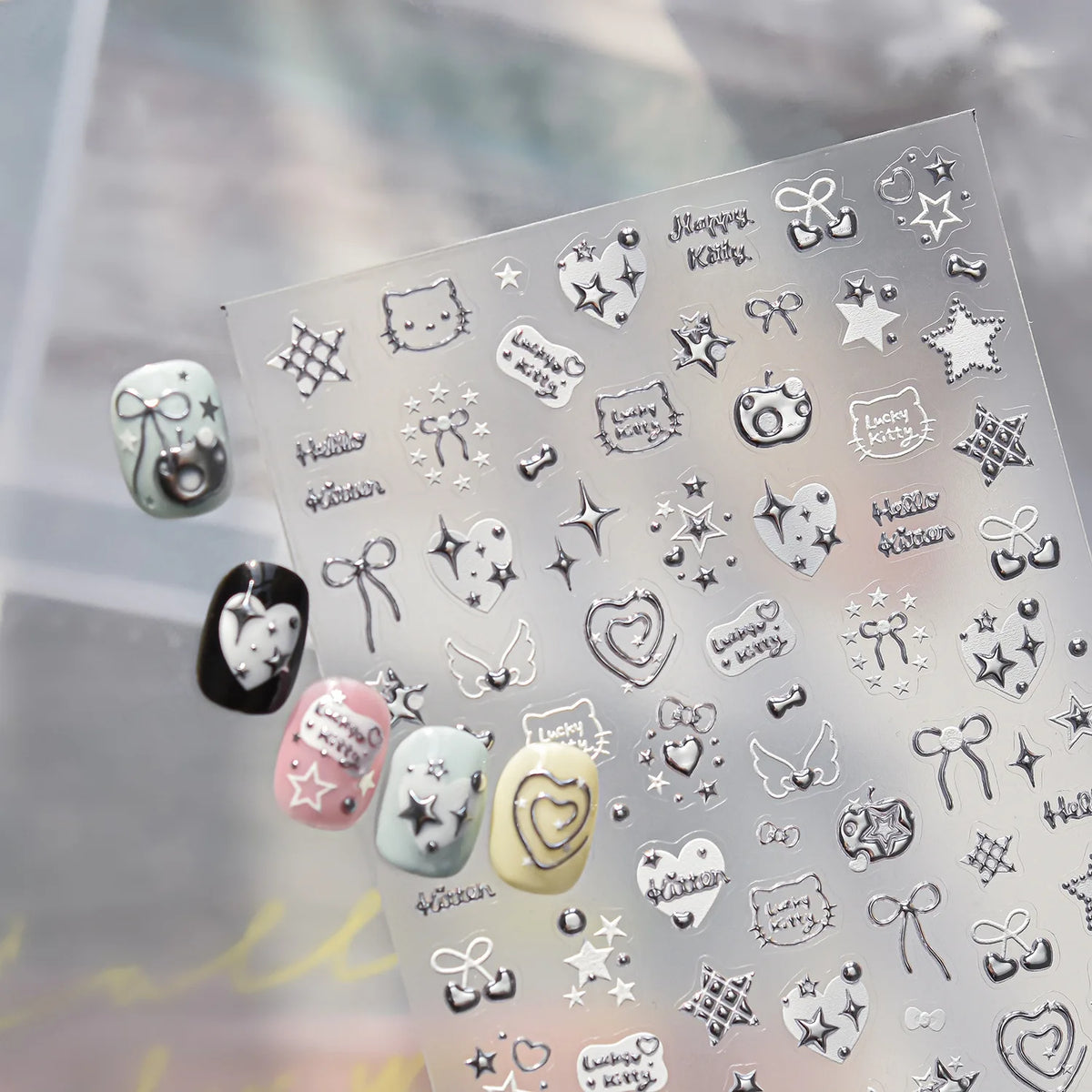 5D Embossed Silver Metallic Nail Art Stickers – Stars & Bows