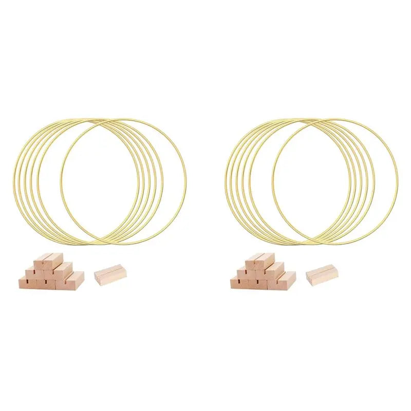 12-Pack 12" Gold Metal Floral Hoop Rings & Wood Stands