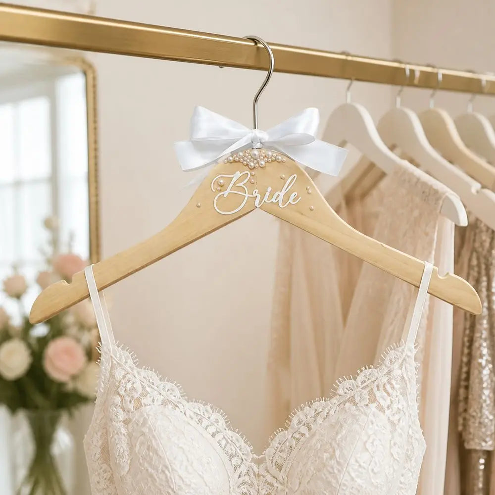Wooden Bride Hanger Faux Pearl Butterfly Knot Wedding Dress