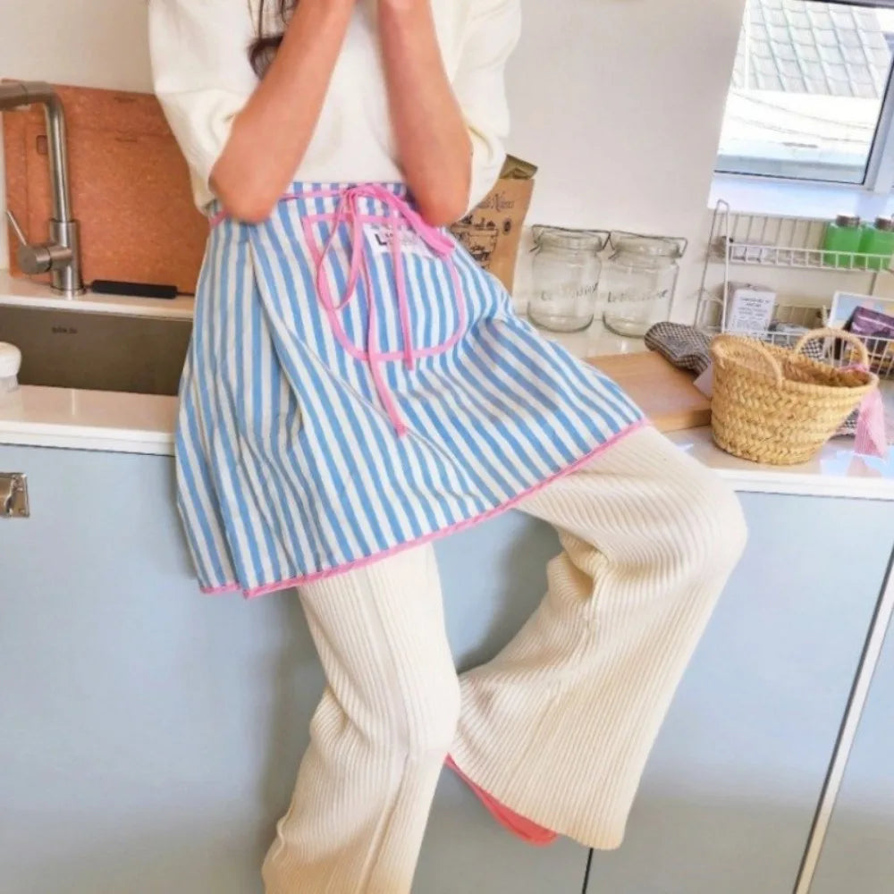 Striped Cotton Waist Apron with Pocket & Tie-Belt | Kitchen Half Apron