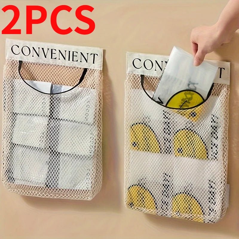 Wall-Mounted Plastic Bag Holder – Elastic Storage Net 1-2 Pack