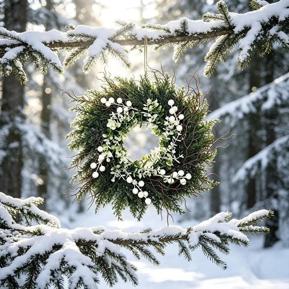 Green Artificial Christmas Wreath – Eucalyptus & Poinsettia 40cm