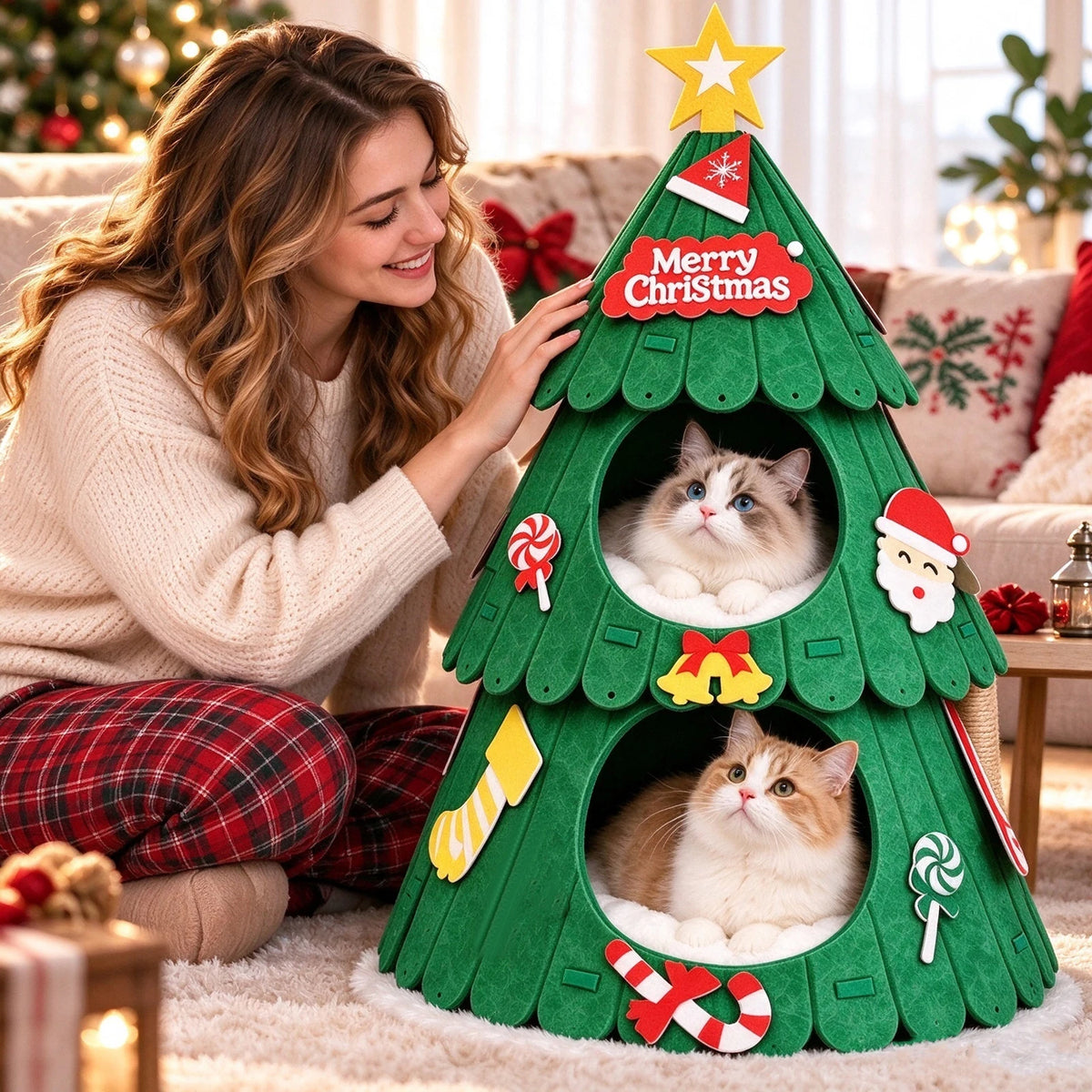 Christmas Tree Cat Bed – Double Layer Holiday Cat House