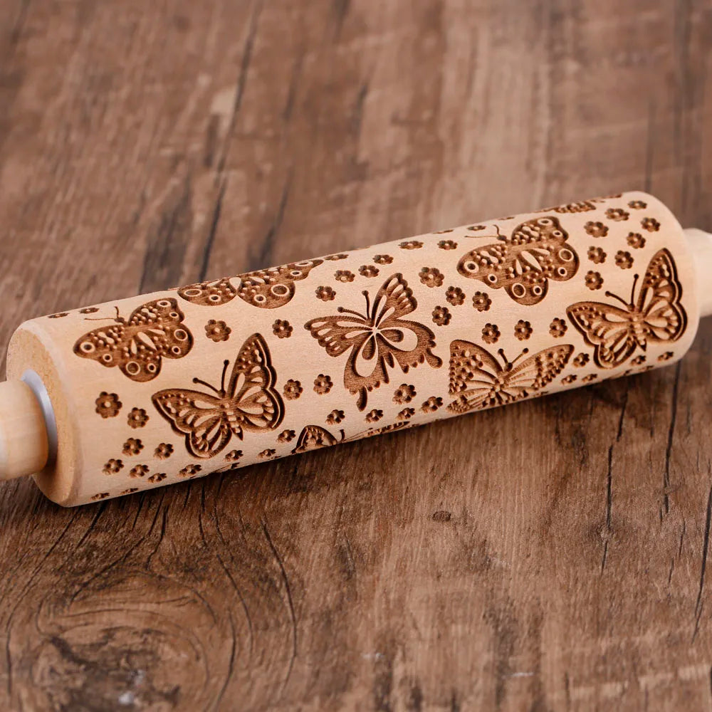 Wooden Embossed Rolling Pin – Butterfly & Floral Cookie Stamp