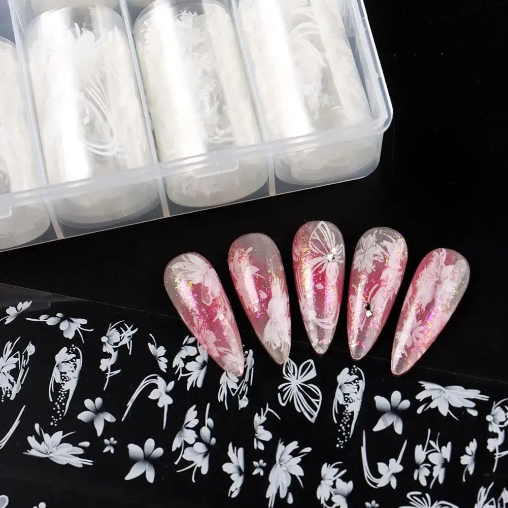10-Roll Pink Checkered Nail Transfer Foils & Decals Set