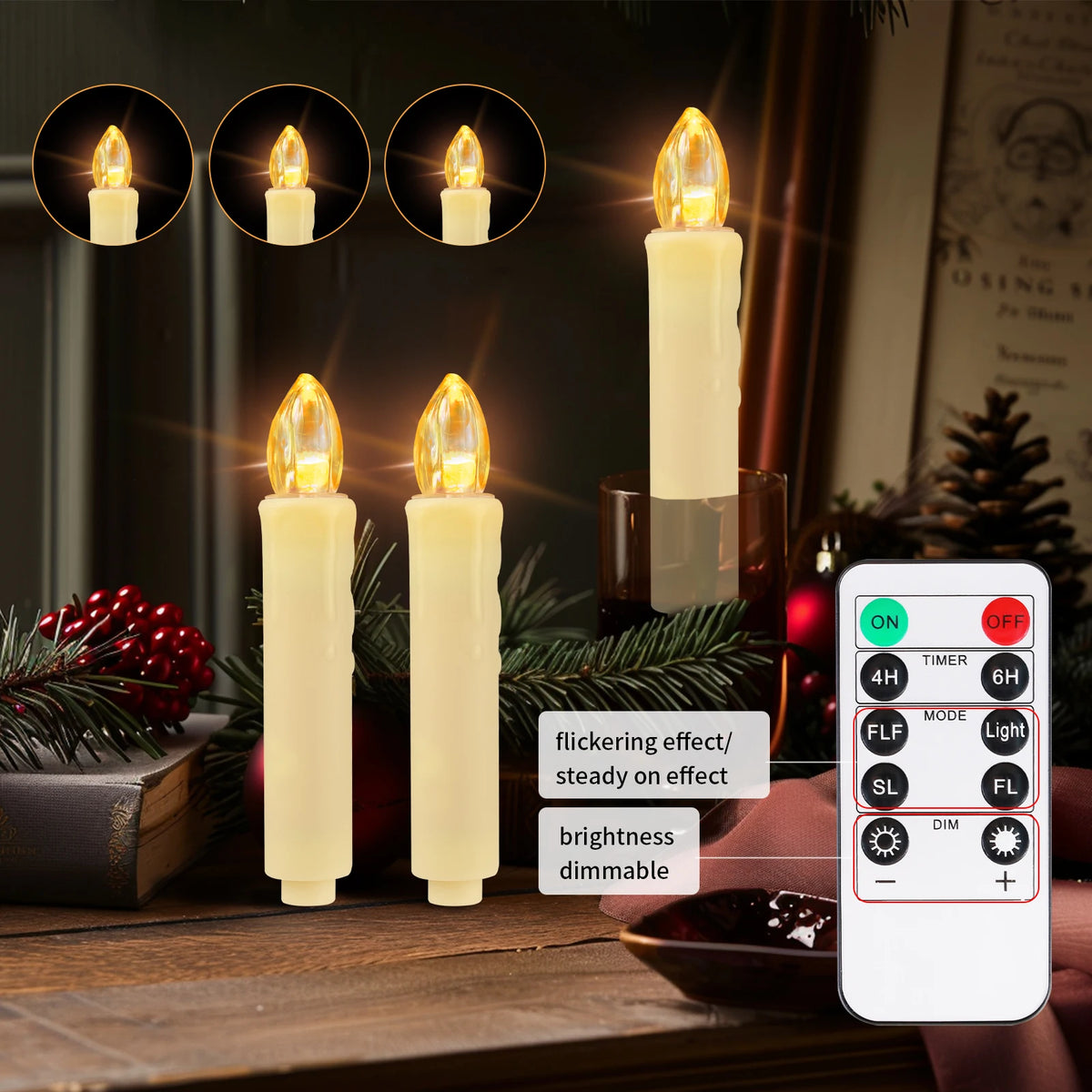LED Flameless Flickering Taper Candles with Clips & Remote