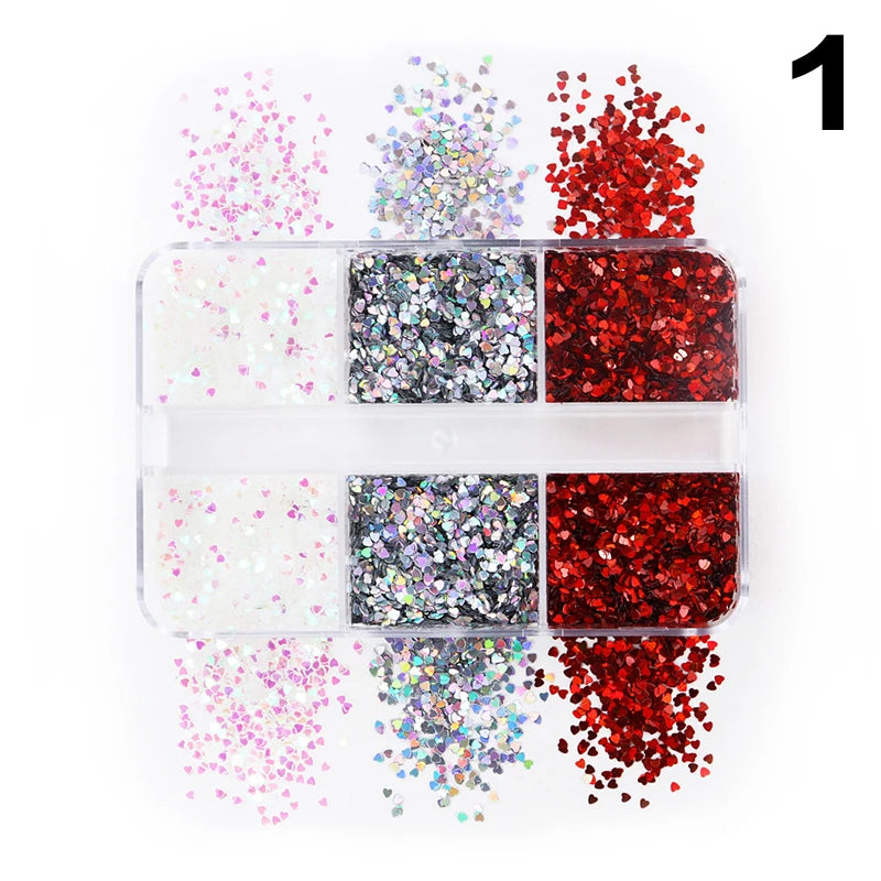 1mm Laser Heart Nail Glitter 6-Grid Set – DIY Nail Art