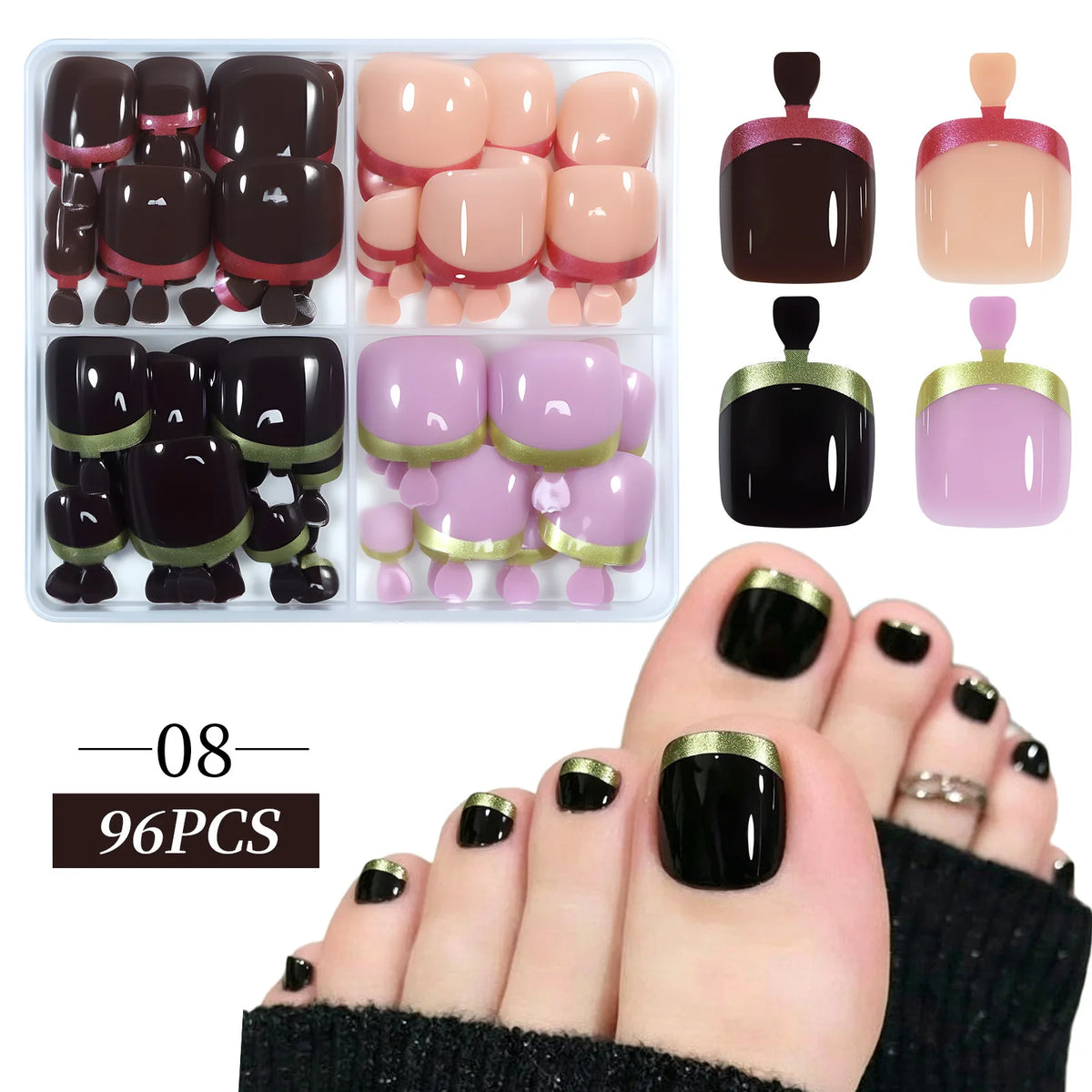 96Pcs Press On Toenails Cat Eye French Glitter Full Cover Tips