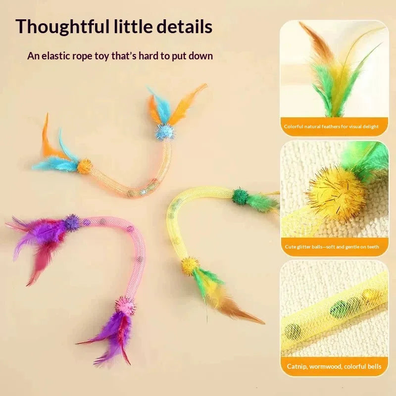 Elastic Mesh Tube Cat Toy – Feather Teaser Wand & Catnip Bell