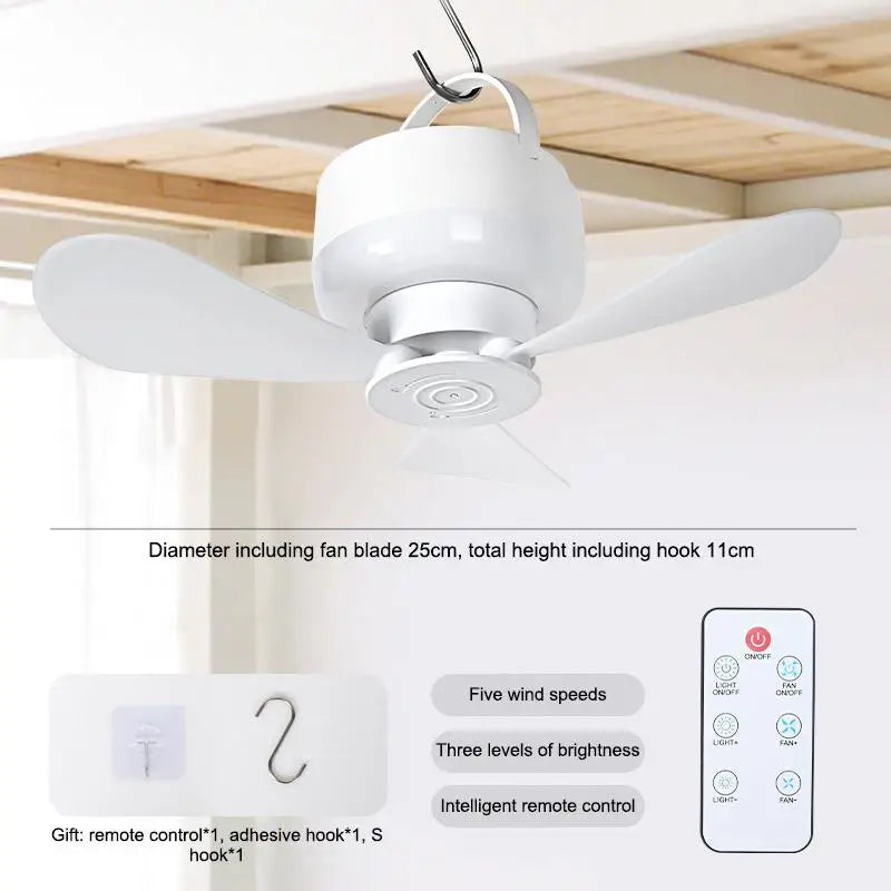 USB Rechargeable Ceiling Fan with Light & Remote Control