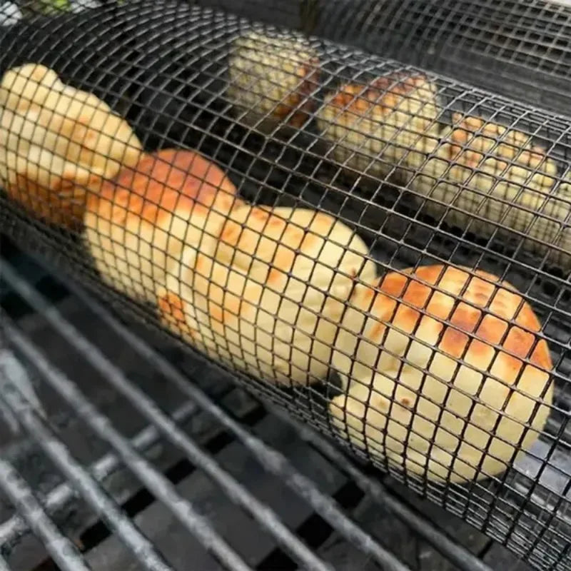 Rolling BBQ Grill Basket – 304 Stainless Steel Mesh Cylinder