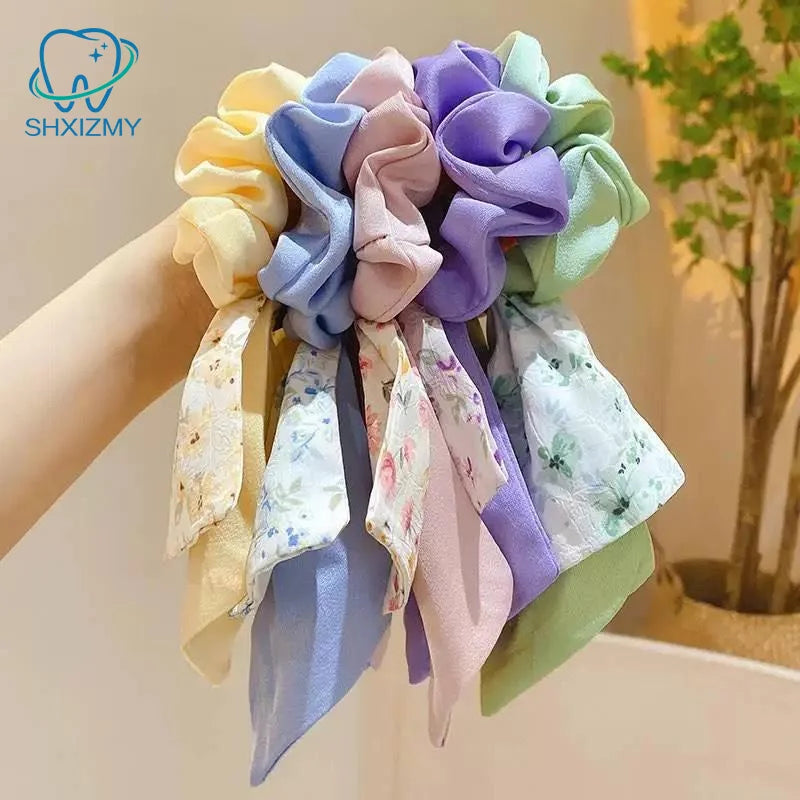 Floral Bow Satin Scrunchie – Ribbon Hair Band for Women