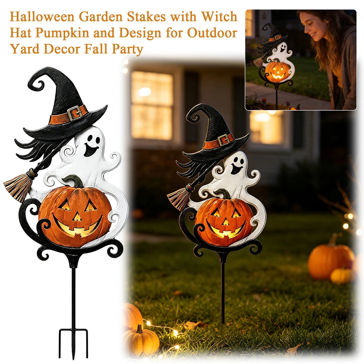 Halloween Witch Hat Pumpkin Metal Garden Stake Outdoor Decor