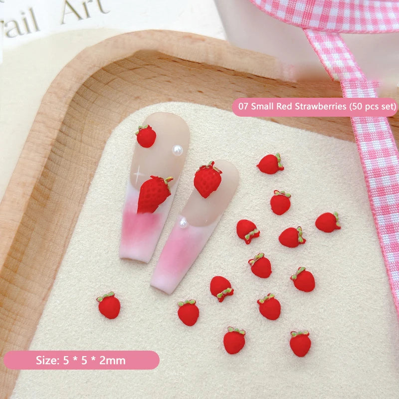 50PCS 3D Strawberry Nail Charms Resin Fruit DIY Nail Art Decor