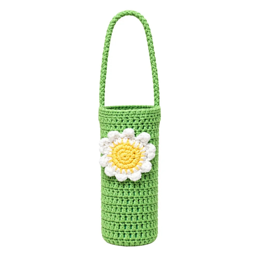 Handmade Knitted Crochet Water Bottle Cover with Carry Strap