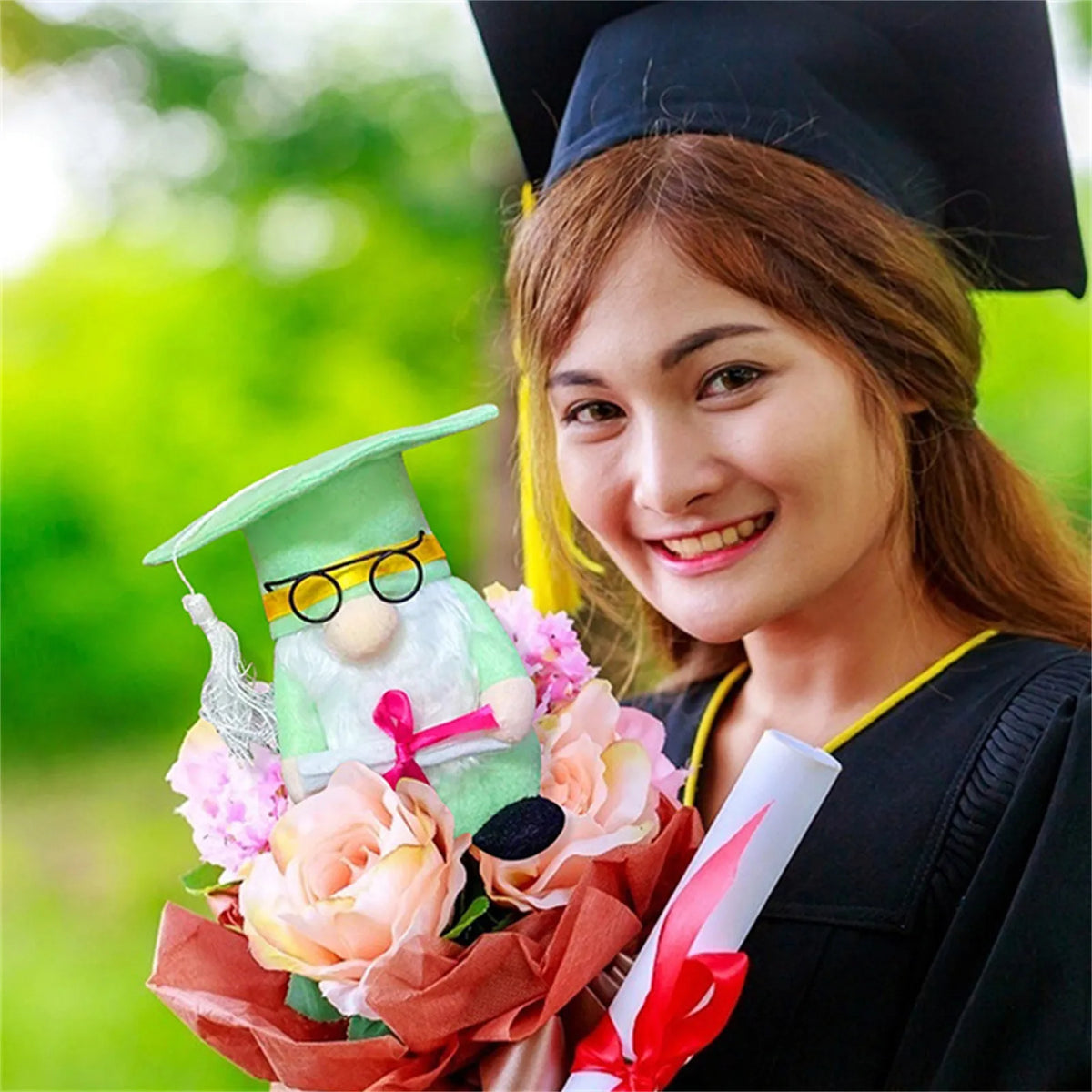 Graduation Gnome Plush Doll Set 2pc – Green Cap & Gown Decor