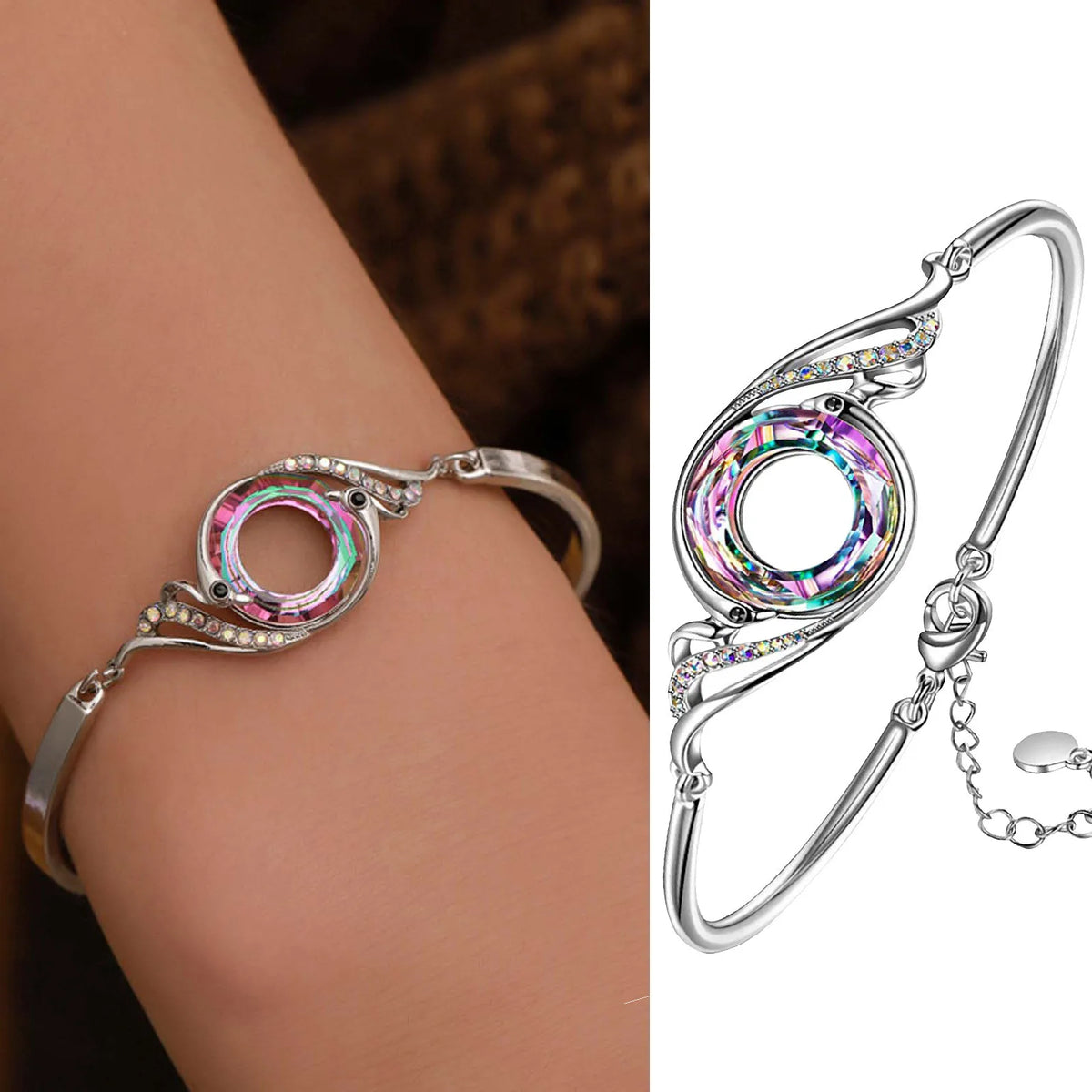 Iridescent Openwork Bracelet Silver Tone Adjustable Chain Women