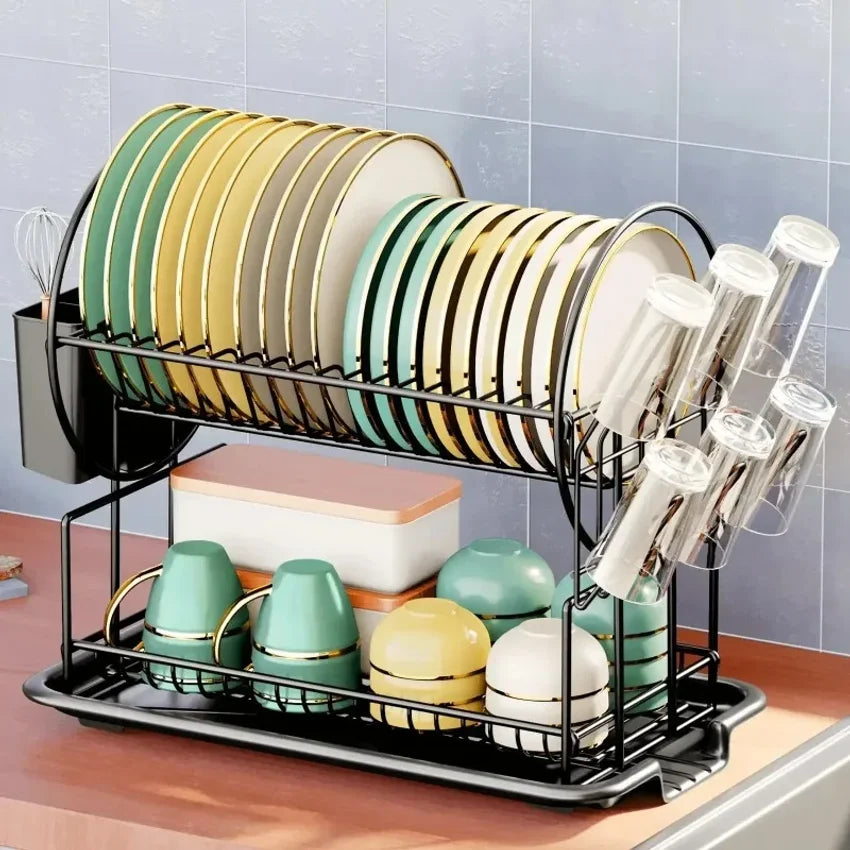 2-Tier Dish Drying Rack with Drain Board & Utensil Holder