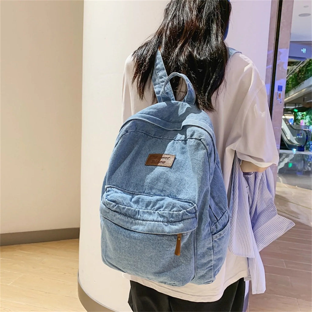 Vintage Washed Denim Backpack – Retro Rucksack for Women