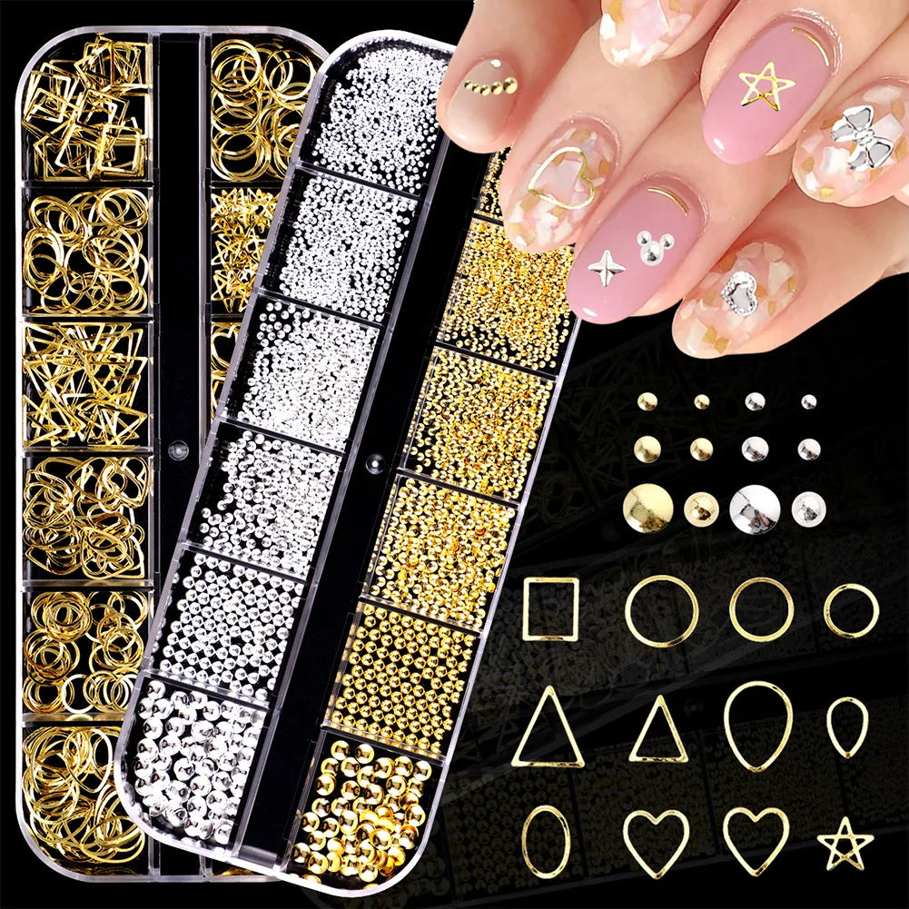 12-Grid 3D Nail Charms Gold Silver Punk Metal Art Decorations