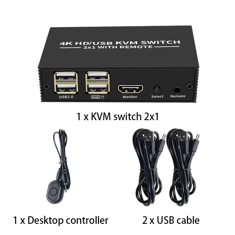 2-Port 4K HDMI KVM Switch 2x1 USB 2.0 Desktop Controller