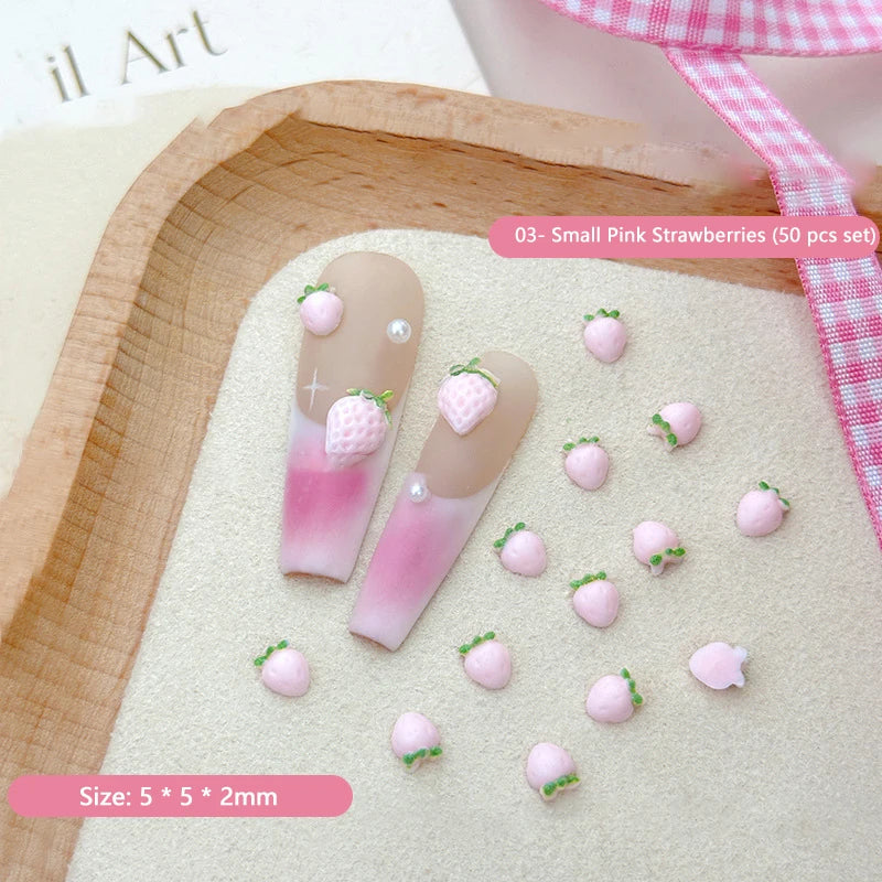 50PCS 3D Strawberry Nail Charms Resin Fruit DIY Nail Art Decor