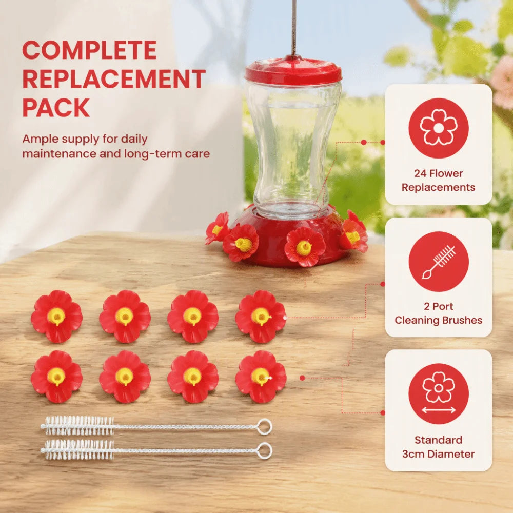 24-Pc Hummingbird Feeder Replacement Flowers 7mm Ports & Brushes
