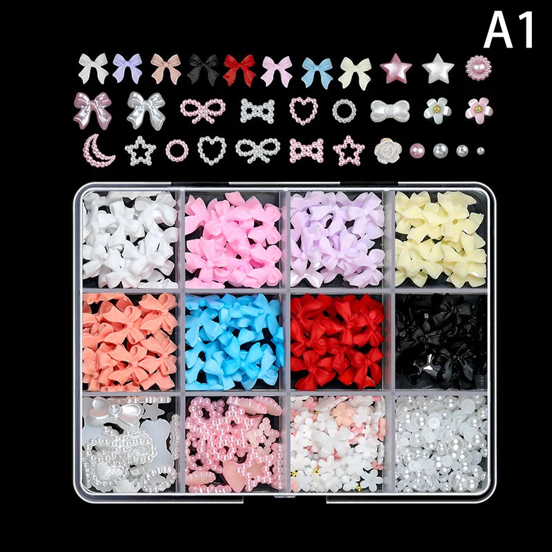 12-Grid 3D Resin Nail Art Charms – Bowknot Bear Heart Flower