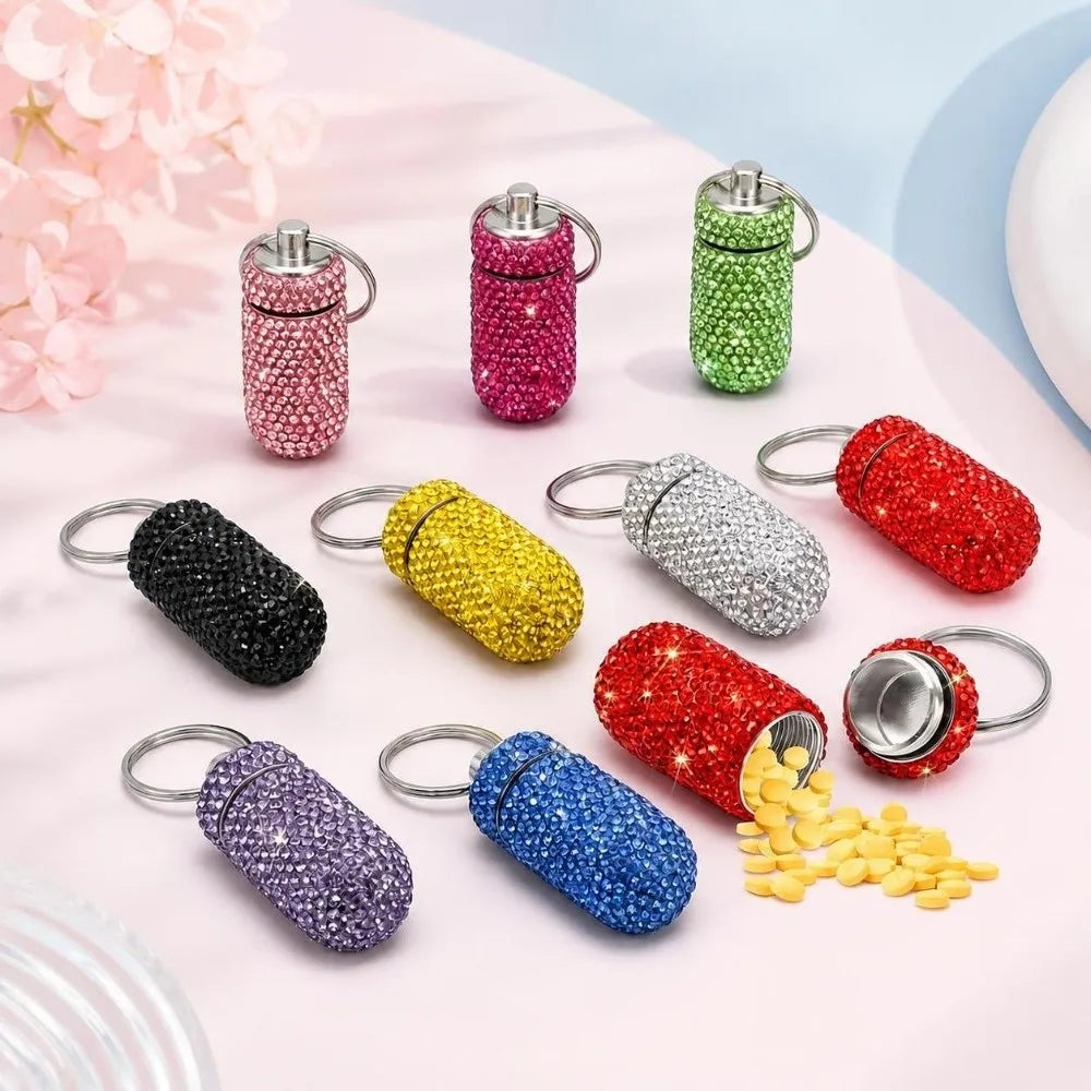 Rhinestone Keychain Pill Case – Waterproof Aluminum Holder